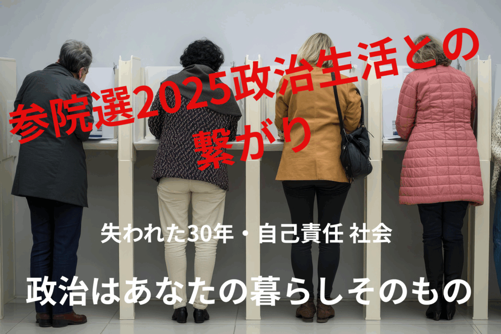 投票所で投票を行う有権者たちの後ろ姿。中央に「参院選2025 政治生活との繋がり」の文字、下部に「失われた30年・自己責任社会」「政治はあなたの暮らしそのもの」と強調されたメッセージ。