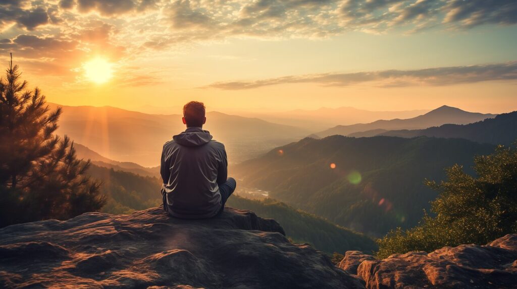 山頂で朝日を見つめながら岩の上に座る男性の後ろ姿