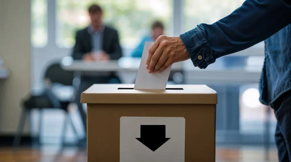 投票所の風景。投票箱を真ん中にして男性が投票している姿