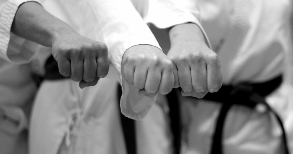 道場の集合写真。拳を突き出している画像