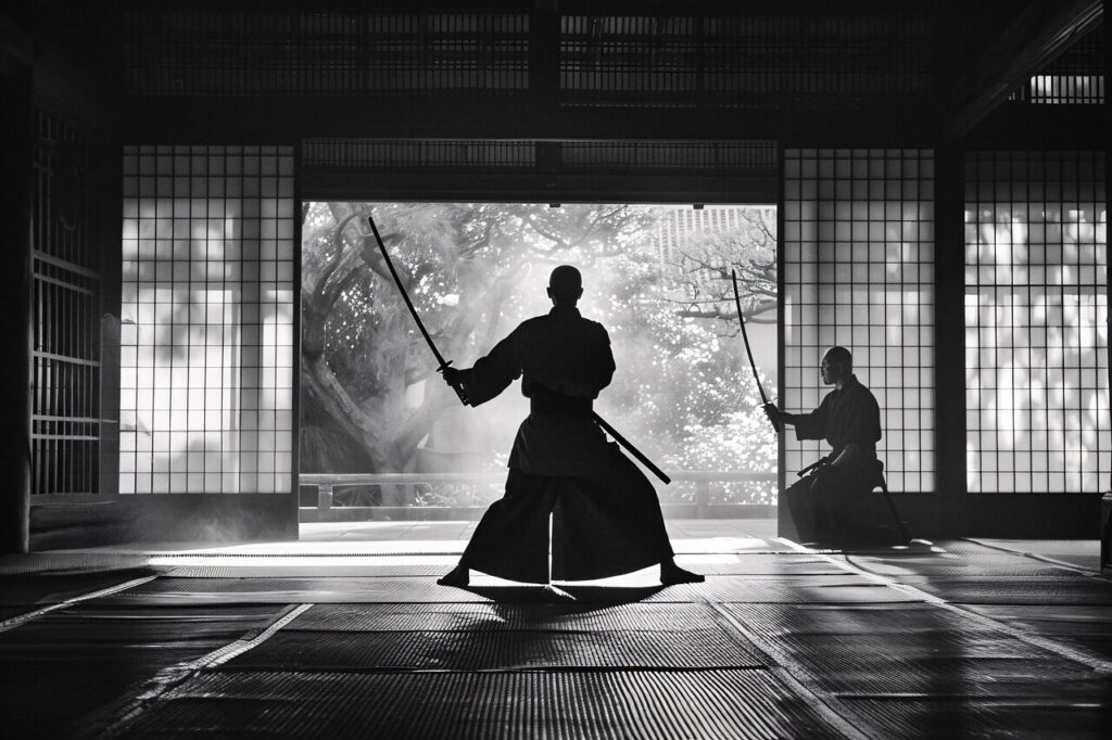 武道場で日本刀を構える二人の剣士のシルエット。静寂の中で向き合う修行の風景
