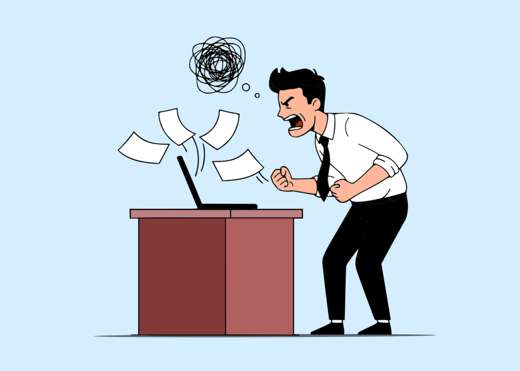 怒りを抑えきれず、パソコンに向かって拳を握り叫ぶ男性のイラスト