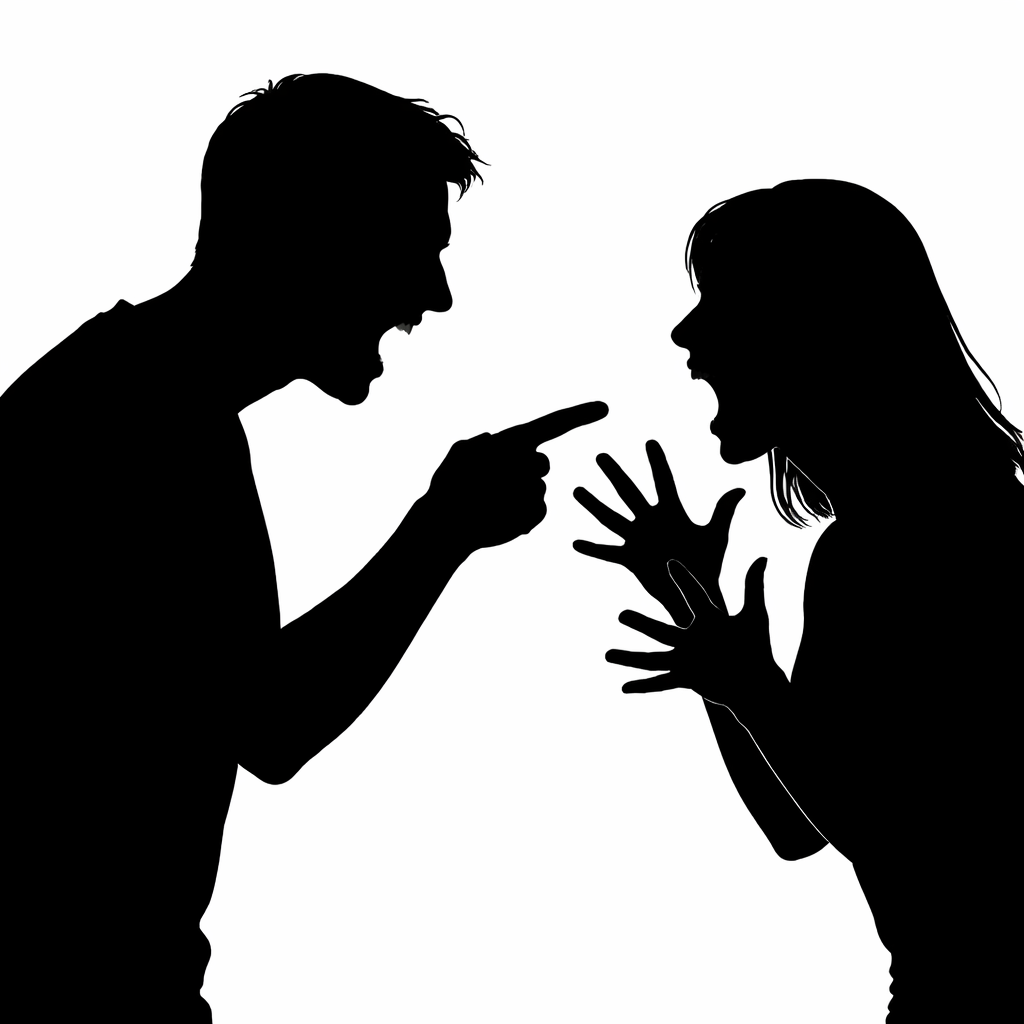 男女が言い合いをしているシルエット 怒りによる人間関係の対立を表現したイメージ