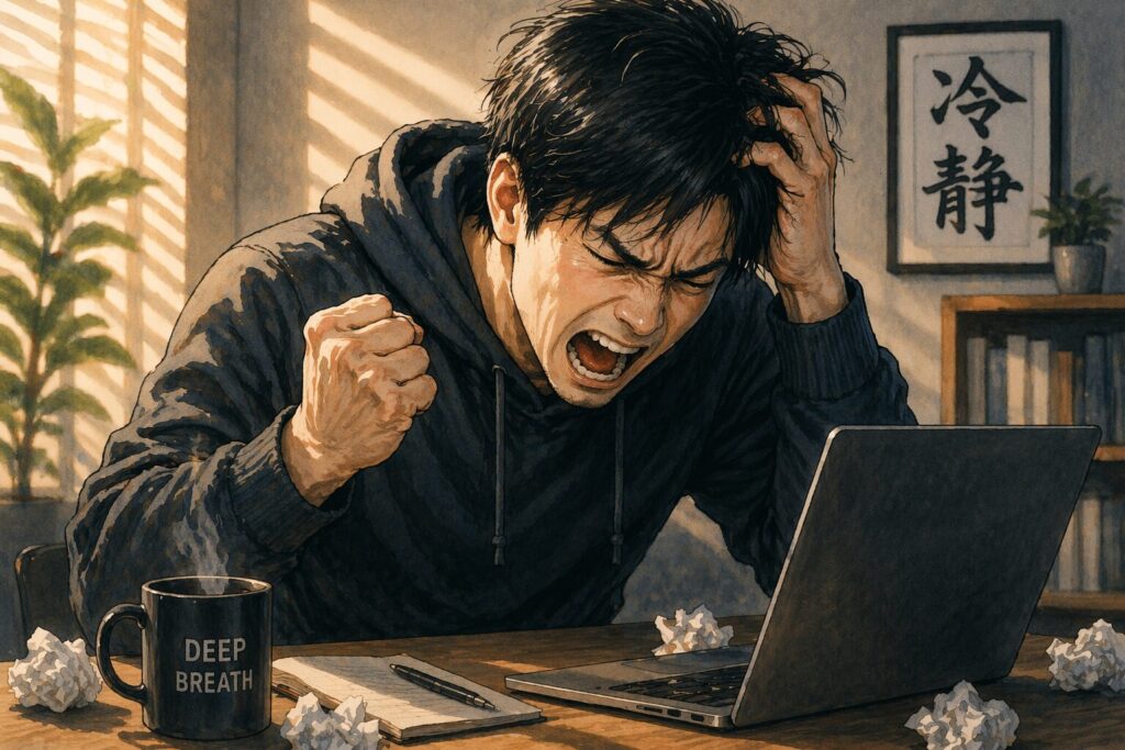 怒りを抑えきれずパソコンに向かって感情を爆発させる男性のイラスト