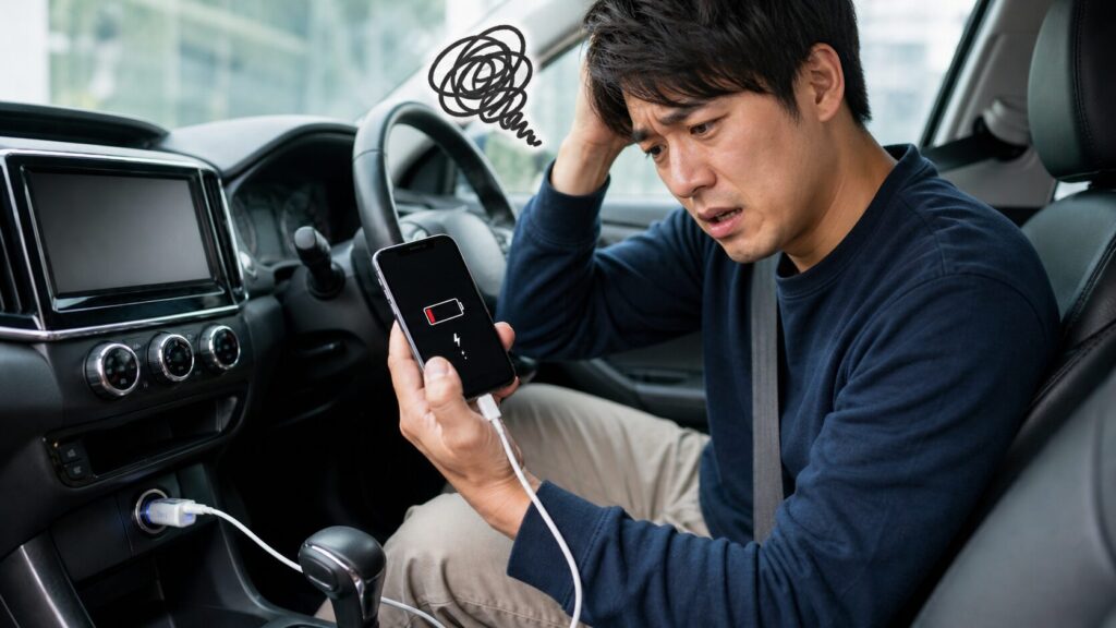 車のスマホ充電が遅く、充電ケーブルにつないでもバッテリー残量が増えず困る若い男性