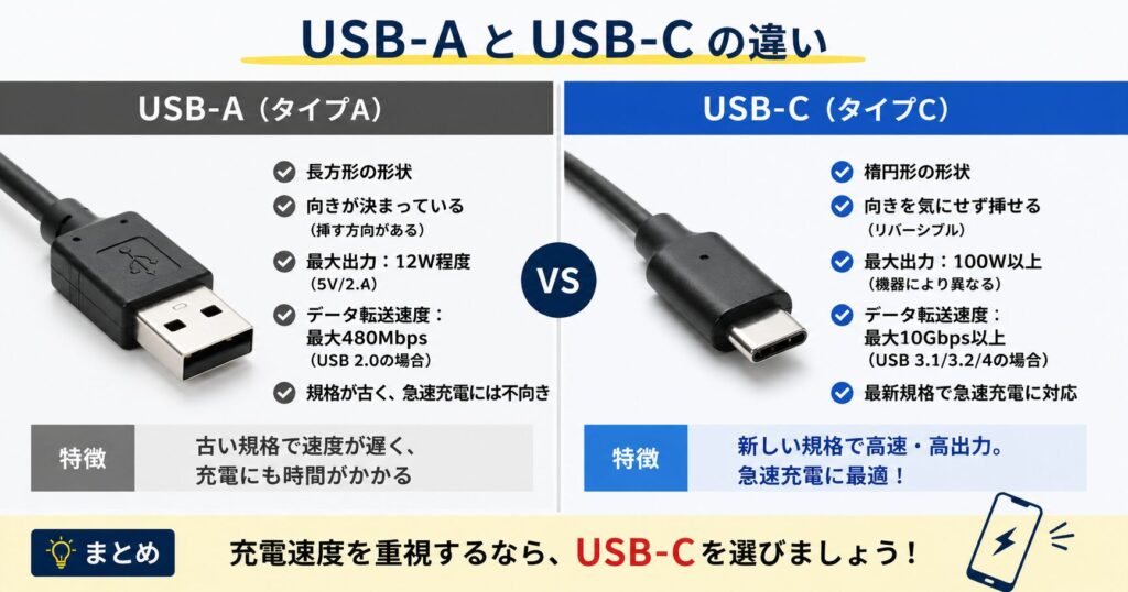 USB-AとUSB-Cの違い比較｜充電速度が遅い原因と急速充電の仕組み