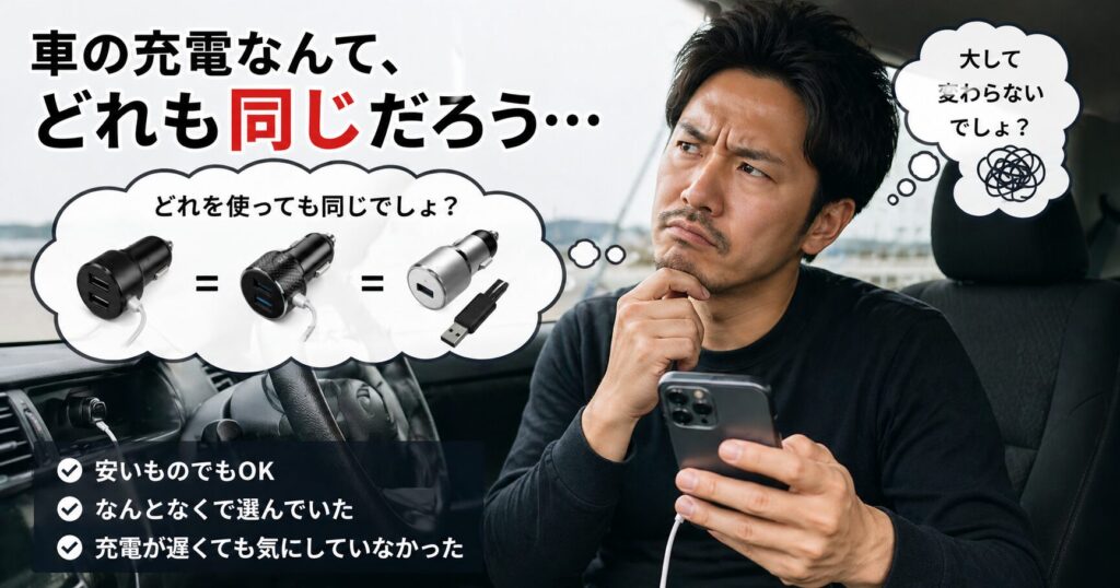 車のスマホ充電が遅い原因に気づかない男性｜充電器やケーブルの違いを知らない思い込み