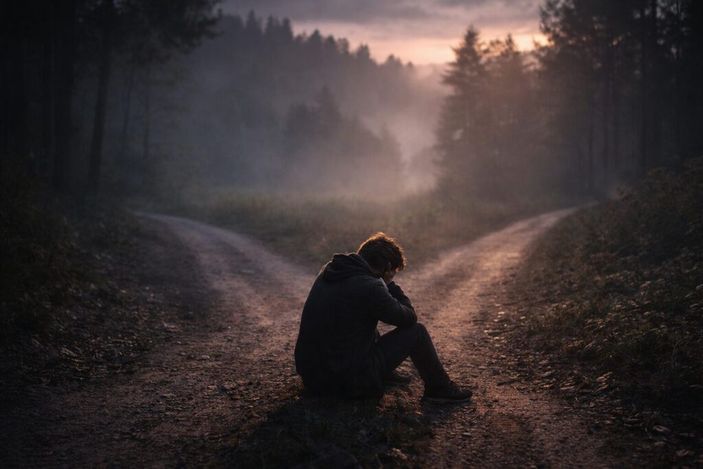 分かれ道で立ち止まり決断できずに悩む人のイメージ