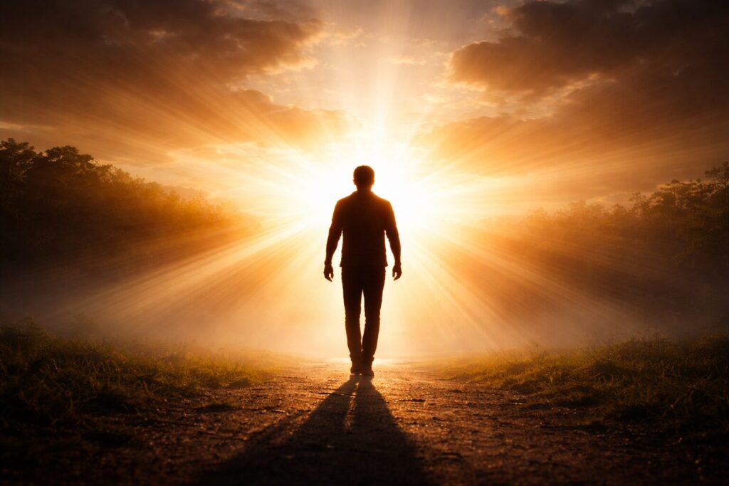 光に向かって一歩踏み出す人のイメージ(人生の変化と成長)