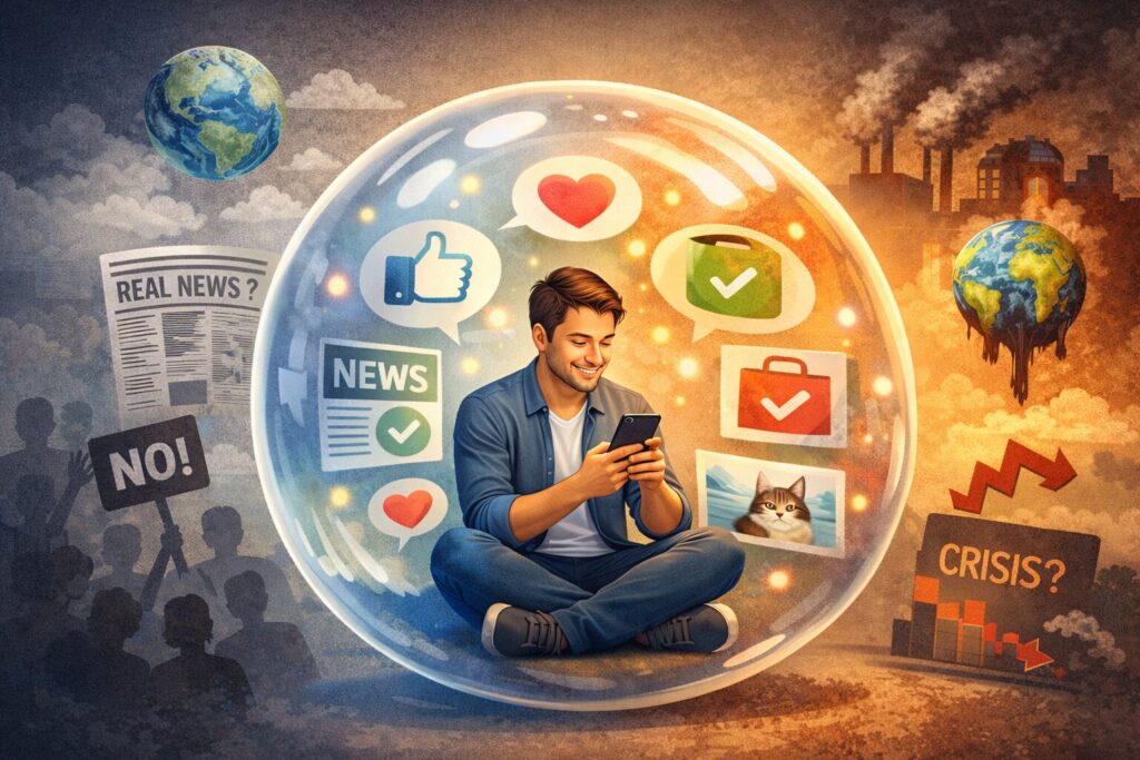 フィルターバブルのイメージ図|自分専用の情報に囲まれる状態