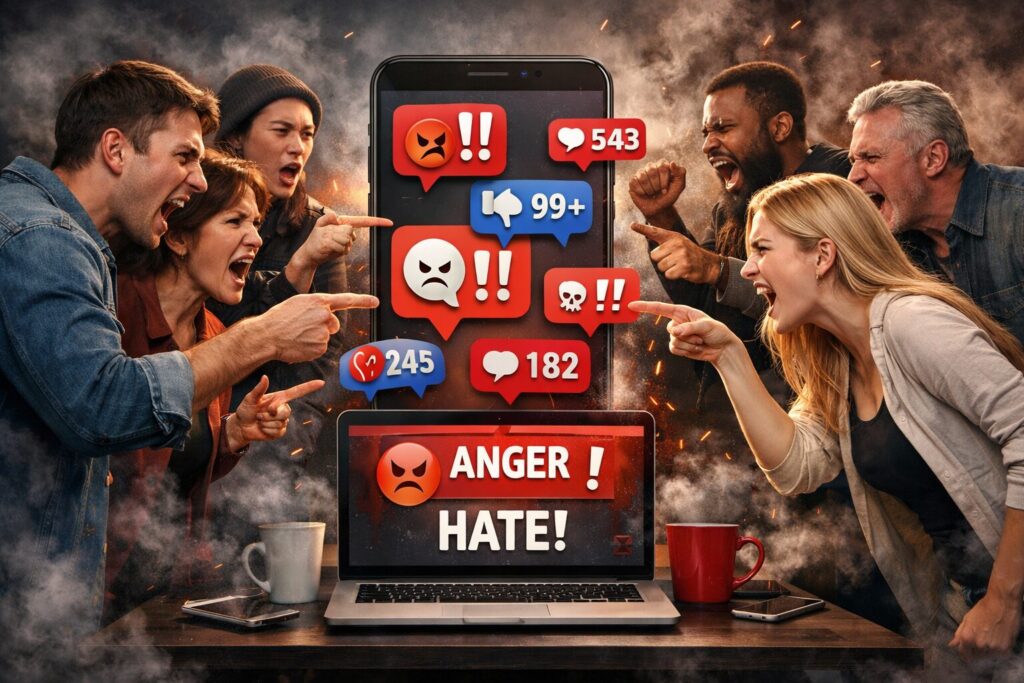 SNSで対立する人々と怒りの感情が拡散する炎上のイメージ画像