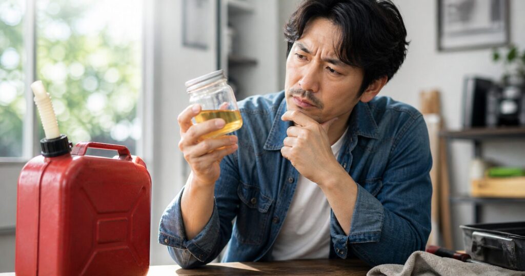 古いガソリンの状態を確認しながら悩む男性のイメージ画像