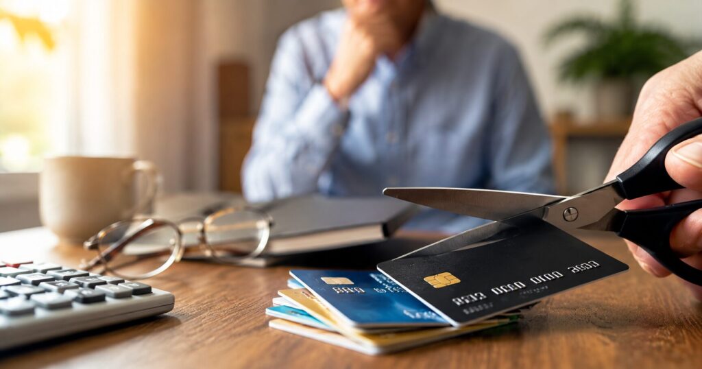 定年後のクレジットカード不安をイメージした記事用画像。机の上のクレジットカードにハサミが向けられ、奥には悩む人物がぼけて映っている。