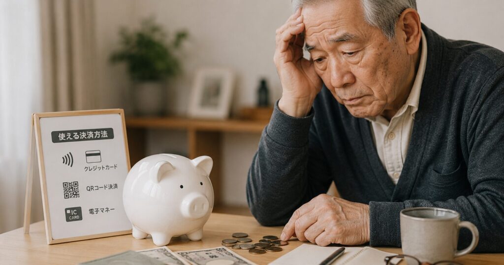 現金とキャッシュレスの間で戸惑う高齢男性のイメージ。