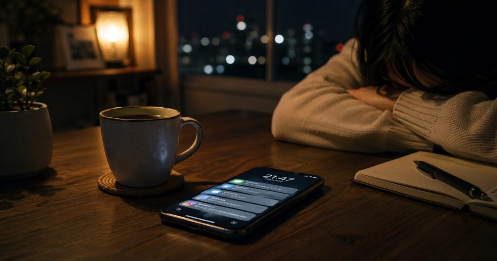 スマホやSNSの通知に疲れ、夜に一人で休んでいる女性のイメージ