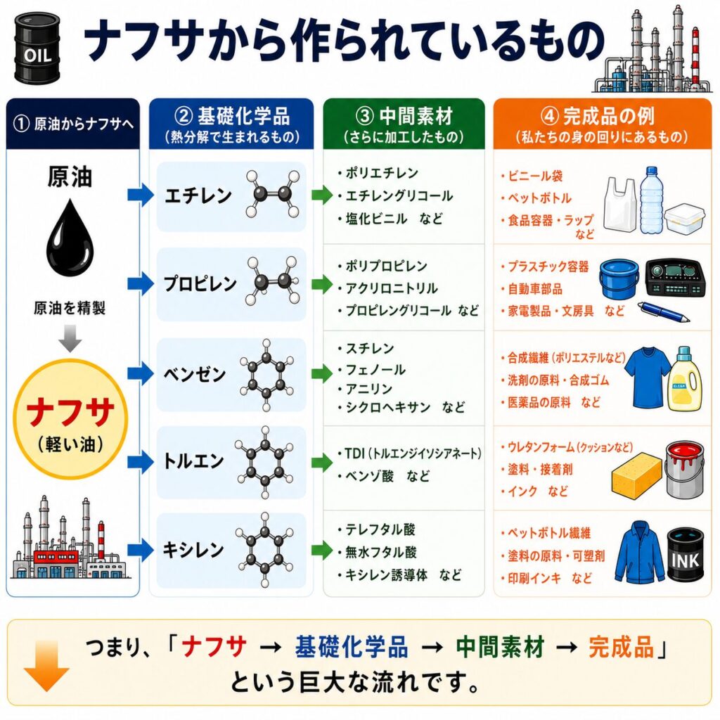 原油からナフサが作られ、エチレンなどの基礎化学品を経て、プラスチック・衣類・洗剤・車の部品などの身近な製品になる流れをまとめた図解。