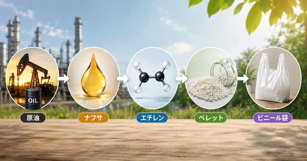 原油からナフサを経てビニール袋になるまでの工程図