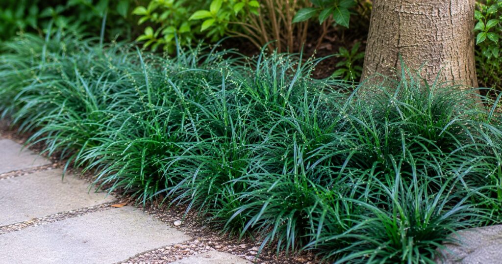 庭の縁取りに植えられたリュウノヒゲのグランドカバー