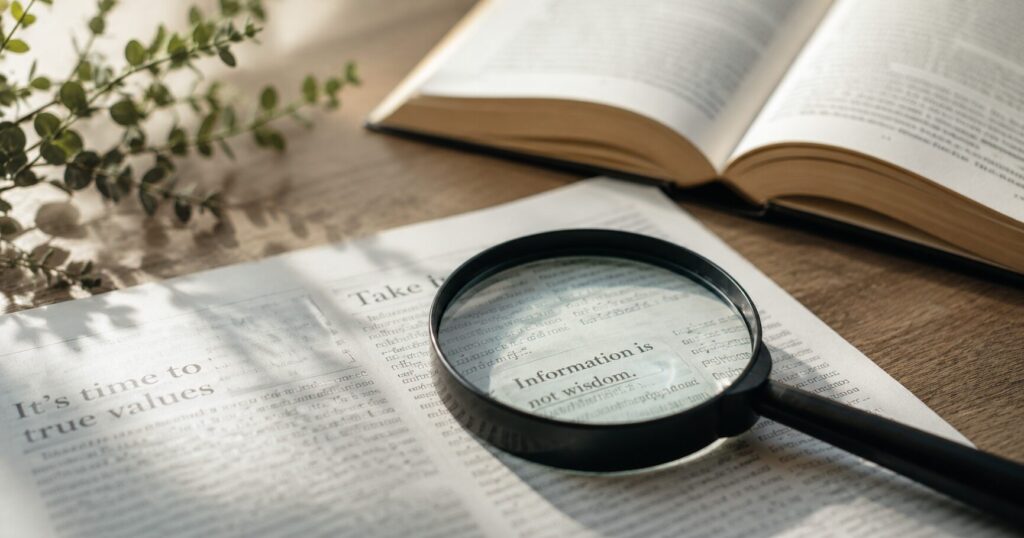 情報を鵜呑みにせず、自分の頭で考えながら本を読む人物のイメージ