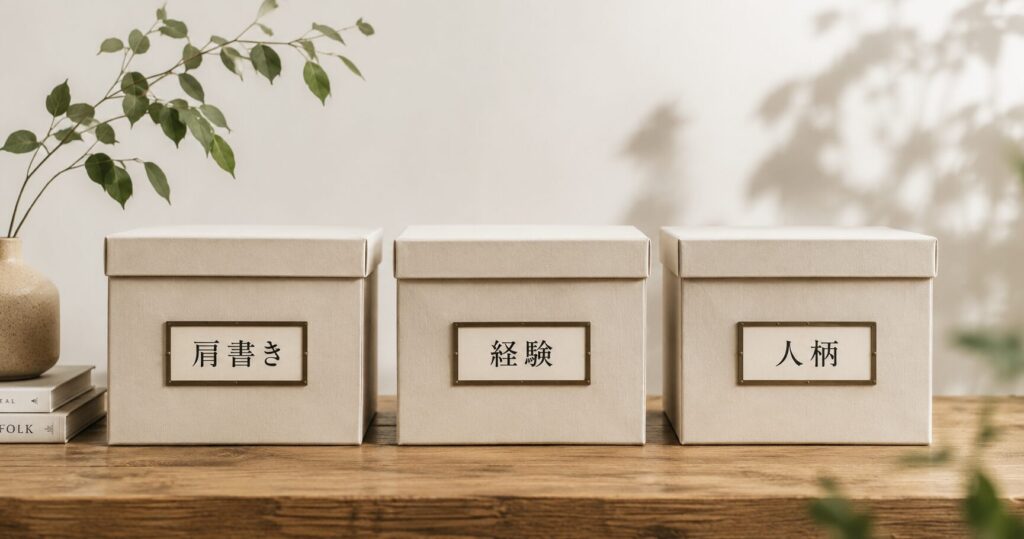 肩書き、経験、人柄を別々の箱に分けて整理し、自分の頭で考える力を表現したイメージ