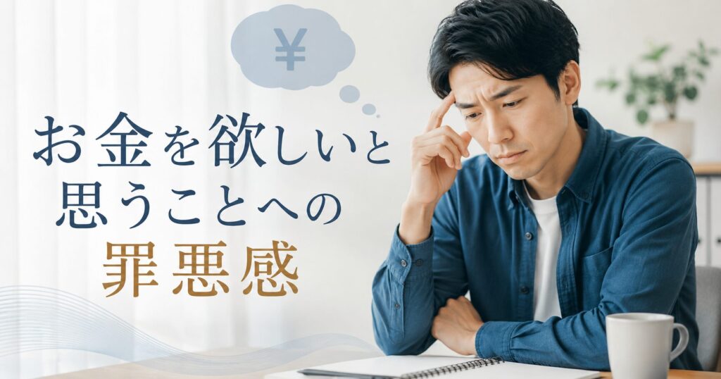 お金が欲しいと思う罪悪感と執着について考える男性のイメージ
