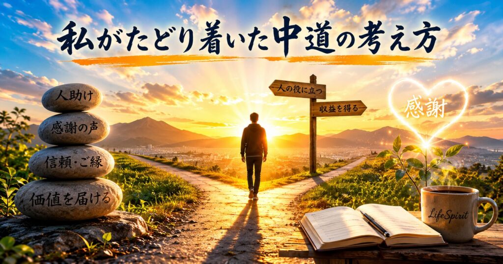 人助けと収益化の両立を表現した中道のイメージ画像。価値提供を続けることで感謝や信頼が生まれ、結果として収益につながる考え方を象徴している。