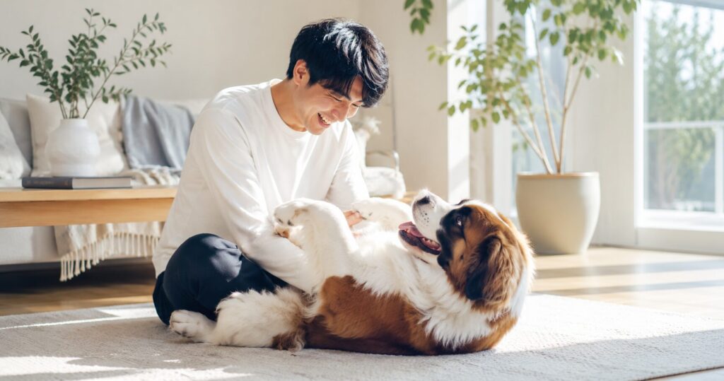 愛犬と飼い主が明るいリビングで楽しそうに触れ合い、幸せだった日々の思い出と深い絆を表現した、ペットロスをテーマにした温かく清潔感のあるイメージ画像。