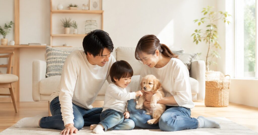 新しく迎えた子犬を家族みんなで優しく見つめる温かなひととき。命を迎える責任と家族になる喜びを表現した、明るく清潔感のあるリビングのイメージ画像。