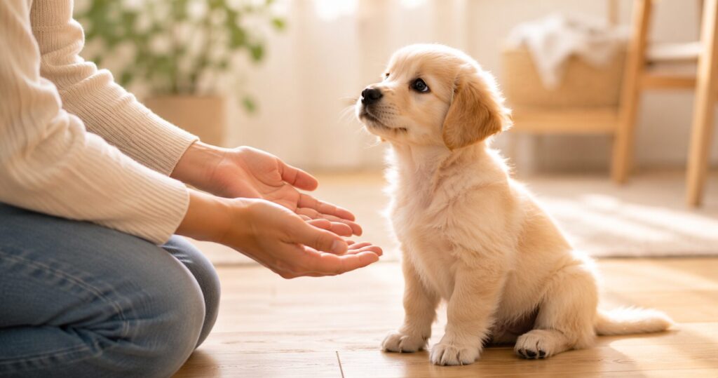 優しく差し出された両手を見つめる子犬。命を迎える責任と新しい家族として迎え入れる覚悟を表現した、温かく清潔感のあるイメージ画像。