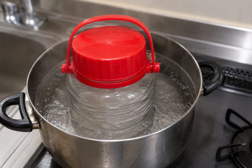梅シロップ作りのために保存瓶を熱湯で消毒している様子
