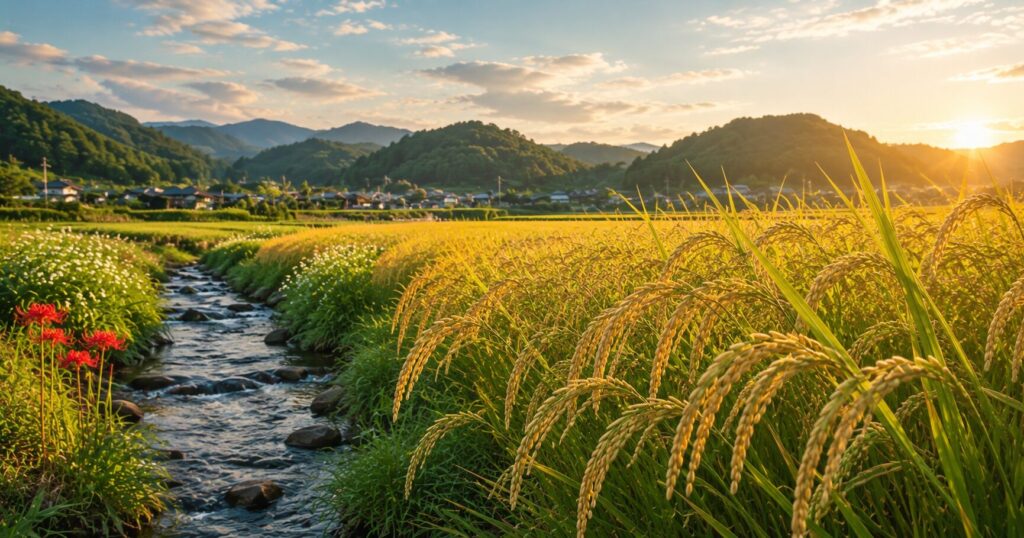 実るほど頭を垂れる稲穂が広がる日本の田園風景。謙虚さを象徴する黄金色の稲穂