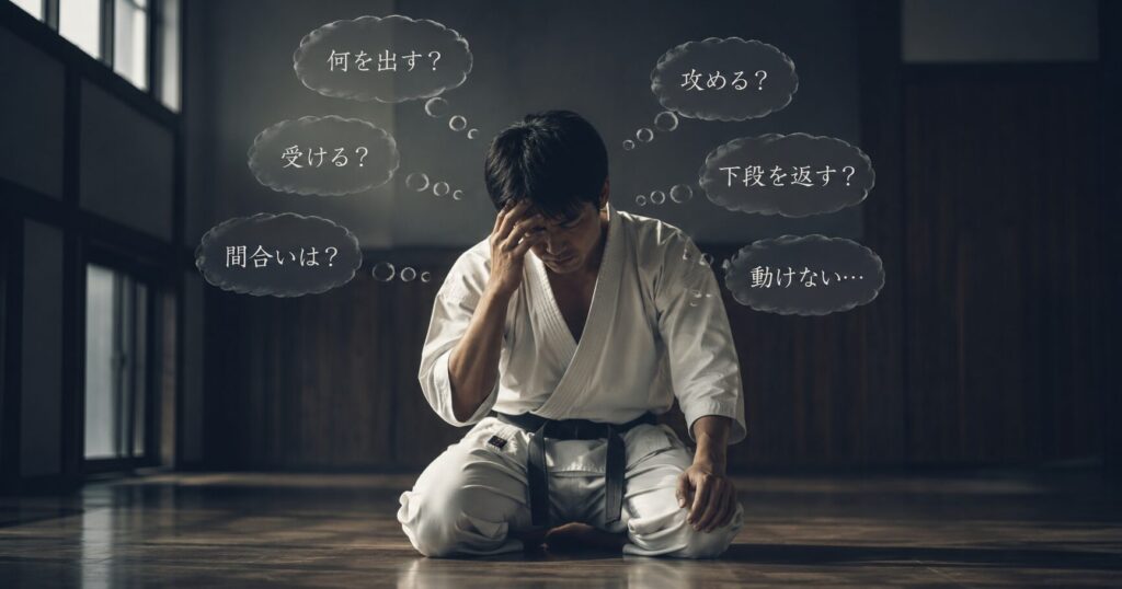 空手で考えすぎて動けず悩む空手家が道場で座り込み頭を抱えている様子
