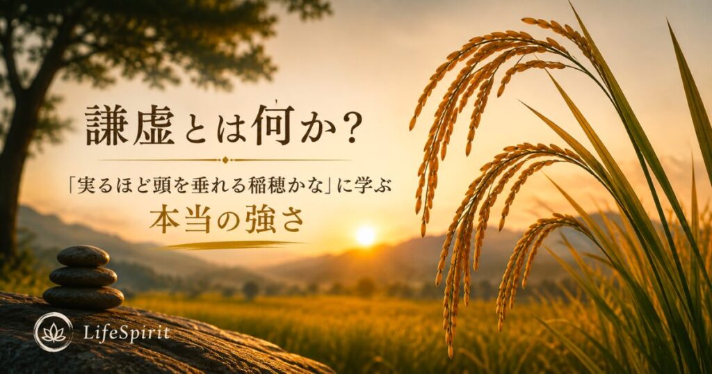 実った稲穂が頭を垂れる姿を通して、謙虚さと本当の強さを表現したアイキャッチ画像