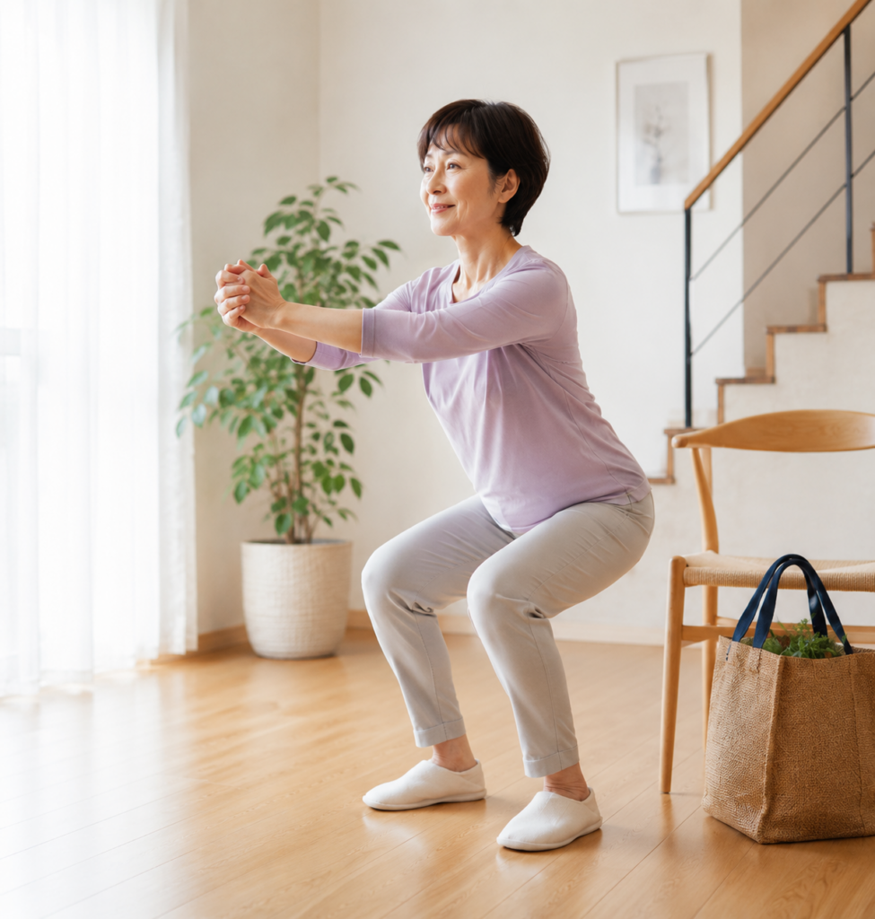 日常生活で使える筋肉を意識して、自宅でスクワットをする50代女性