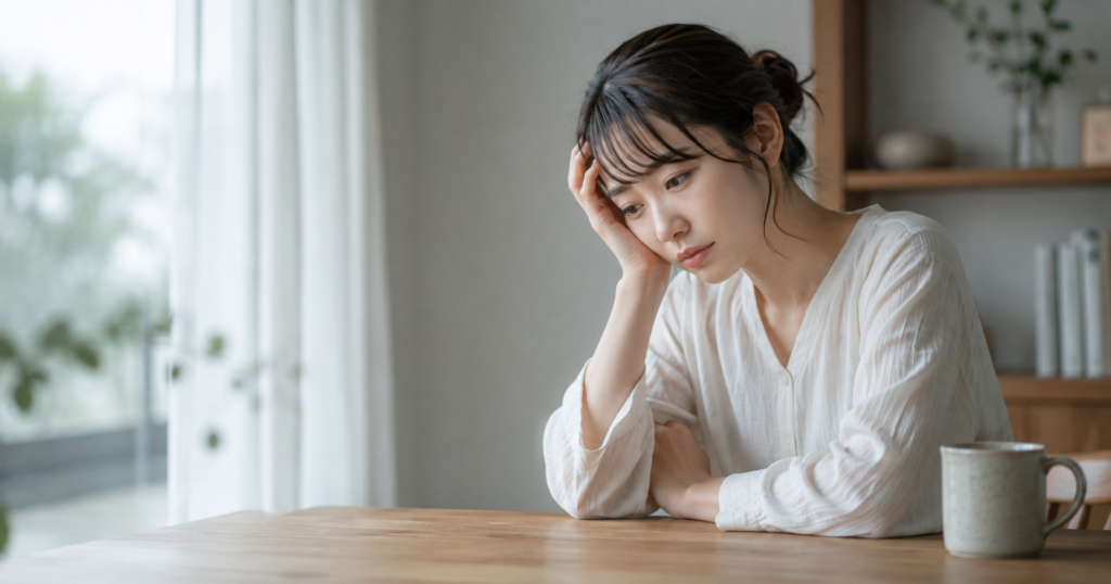 物事がうまくいかず悩みながらも、静かに自分自身と向き合う若い女性を描いた落ち着いた雰囲気のイメージ画像