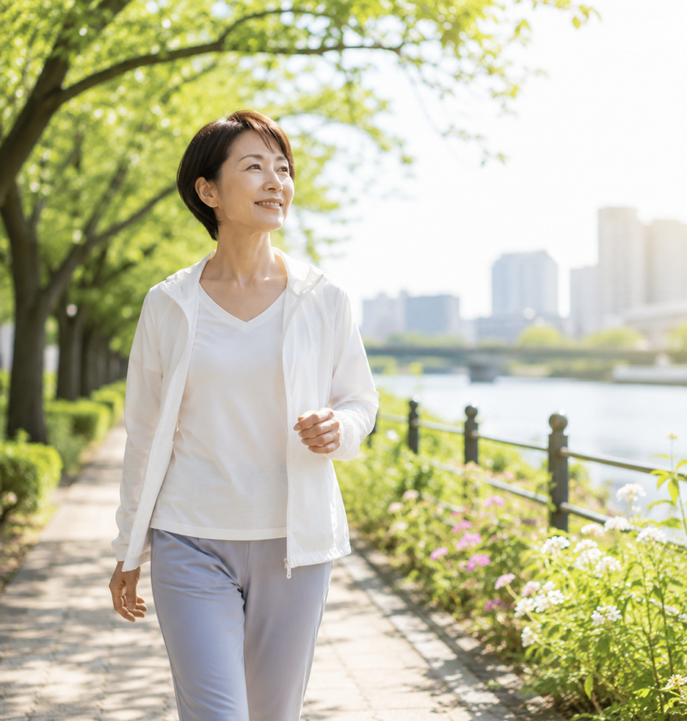 緑の多い川沿いの遊歩道を気持ちよく歩く50代女性のイメージ画像