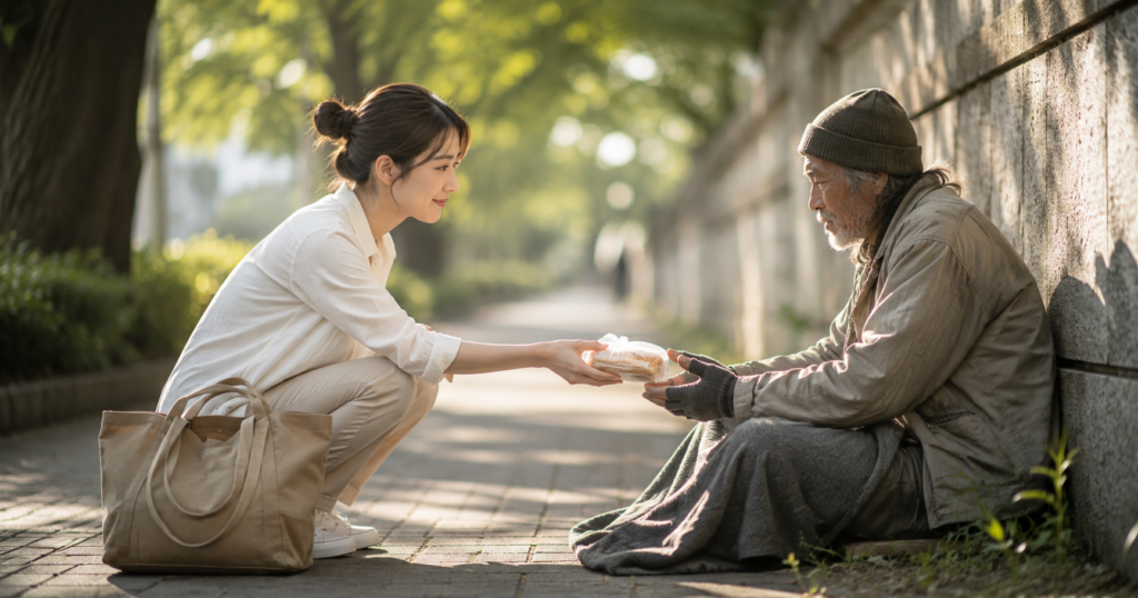 困っている人へ食べ物を手渡し、慈悲と布施を日常生活の中で実践する若い女性を描いたイメージ画像