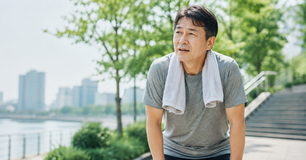 最近少し体力の低下を感じながら、川辺の遊歩道で休憩している50代男性のイメージ画像