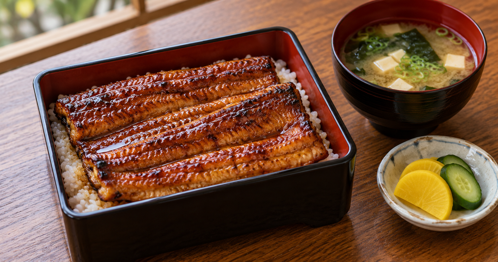 重箱に盛り付けたうな重と、味噌汁・おしんこのイメージ画像(AI生成)