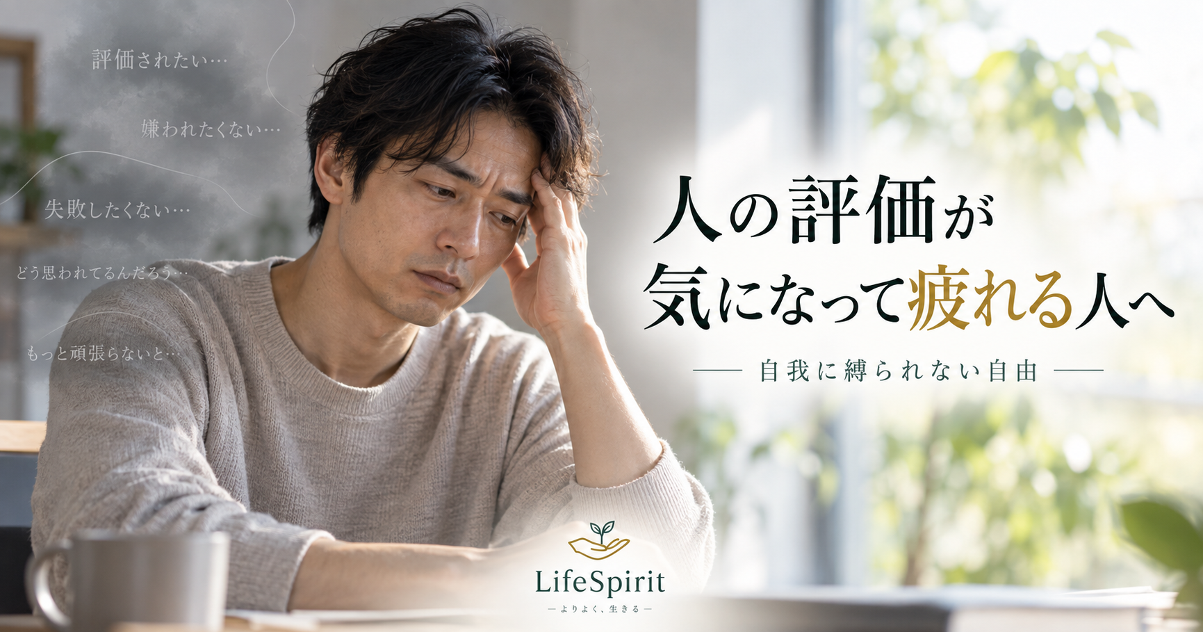 人の評価が気になって疲れている男性が、静かな空間で思い悩みながらも心を整えようとしている様子を表したLifeSpiritのアイキャッチ画像